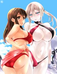 10s 2girls :o akagi_(kancolle) ass back bare_shoulders bikini blonde_hair blush breasts brown_eyes brown_hair cameltoe choker cleavage closed_mouth cloud colored_eyelashes cowboy_shot criss-cross_halter day gloves gluteal_fold graf_zeppelin_(kancolle) hair_between_eyes hair_ornament halterneck hat unworn_hat unworn_headwear kantai_collection large_breasts long_hair looking_at_viewer looking_back multicolored_bikini multicolored_clothes multiple_girls navel outdoors pale_skin peaked_cap pink_lips red_bikini red_lips sarong sidelocks skin_tight stomach sumeragi_hamao sweat swimsuit thigh_gap twintails tying underboob wet wet_hair white_gloves rating:Questionable score:35 user:danbooru