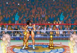  4girls 6+boys amazon_warrior black_widow_(muscle_bomber) blonde_hair breasts brown_hair capcom cheering confetti curvy hand_on_own_hip happy highleg highleg_leotard indoors large_breasts leotard multiple_boys multiple_girls muscle_bomber muscular pixel_art side_ponytail slam_masters solo_focus standing thick_thighs thighs toned trophy wide_hips wrestler wrestling_ring  rating:Sensitive score:80 user:joaquimol