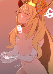  1girl absurdres blonde_hair breasts butterfly_hair_ornament celine_(fire_emblem) closed_eyes closed_mouth collarbone crown cum cum_in_mouth cum_on_gloves cum_on_hair cum_on_hands elbow_gloves eyelashes facial fire_emblem fire_emblem_engage flower gloves gokkun hair_flower hair_ornament heart highres long_hair navel nintendo nipples nude small_breasts solo user_whku4538 very_long_hair white_gloves  rating:Explicit score:57 user:danbooru