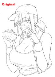  1girl breasts cleavage fio_germi food glasses greyscale hat highres large_breasts long_hair looking_at_viewer madsensei metal_slug monochrome open_mouth round_eyewear simple_background smile solo white_background 