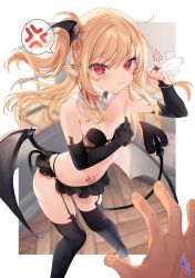 1boy 1girl :t anger_vein black_thighhighs blonde_hair blurry blurry_background blush breasts clenched_hand closed_mouth commentary_request covering_privates covering_breasts crossed_bandaids demon_girl demon_tail demon_wings depth_of_field garter_straps grey_wings hand_up highres kedama_milk kiss_kiss_drain knees_together_feet_apart loli long_hair looking_at_viewer low_wings navel o-ring o-ring_bottom one_side_up pointy_ears pout pubic_tattoo red_eyes small_breasts solo_focus spoken_anger_vein tail tattoo thigh_strap thighhighs tiffany_lilith_stella wings wooden_floor rating:Sensitive score:66 user:danbooru