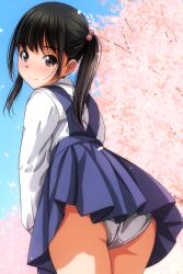  1girl absurdres ass black_hair blue_skirt blue_sky blunt_bangs blush brown_eyes cherry_blossoms clear_sky closed_eyes closed_mouth collared_shirt crotch_seam day from_behind full-face_blush hair_bobbles hair_ornament highres long_sleeves looking_at_viewer looking_back matsunaga_kouyou medium_hair original outdoors panties polka_dot polka_dot_panties shirt skirt sky smile solo standing suspender_skirt suspenders twintails underwear upskirt white_panties white_shirt 