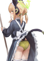  1girl absurdres animal_ear_headphones animal_ears animal_print ass back_bow black_dress blonde_hair blue_archive bow cat_ear_headphones cat_panties cat_print cat_tail commentary dress fake_animal_ears fake_tail female_focus finger_to_mouth frilled_dress frills from_behind green_eyes green_halo green_panties halo headphones highres lifting_own_clothes lifted_by_tail loli long_dress long_sleeves looking_back maid maqin midori_(blue_archive) midori_(maid)_(blue_archive) panties print_panties profile puffy_long_sleeves puffy_sleeves short_hair shushing simple_background solo symbol-only_commentary tail thighhighs twintails underwear white_background white_bow white_thighhighs  rating:Sensitive score:126 user:danbooru