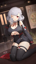 1girl ;p absurdres bare_shoulders black_gloves black_shorts black_thighhighs blush braid breasts cellphone cleavage closed_mouth clothing_cutout commentary detached_collar detached_sleeves fingerless_gloves full_body girls&#039;_frontline gloves grey_hair highres holding holding_phone indoors knee_pads kneeling large_breasts long_sleeves looking_at_viewer neck_ribbon on_table one_eye_closed phone red_eyes red_ribbon red_skirt ribbon selfie short_hair short_shorts shorts skindentation skirt unworn_skirt smartphone smile solo spas-12_(girls&#039;_frontline) table thigh_strap thighhighs tongue tongue_out underboob underboob_cutout wo_you_yibei_jia_wanli rating:Sensitive score:16 user:danbooru