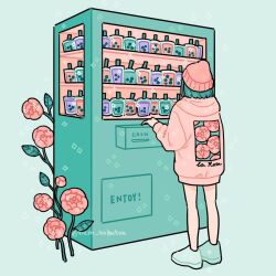  1girl aqua_background aqua_footwear aqua_hair bare_legs beanie blunt_ends bubble_tea clothes_writing commentary cup disposable_cup drinking_straw emily_kim english_commentary floral_print flower from_behind full_body hat hood hood_down hoodie instagram_username leaf long_sleeves medium_hair original oversized_clothes pink_flower pink_hat pink_hoodie pink_rose rose rose_print shoes simple_background sneakers solo sparkle standing vending_machine 