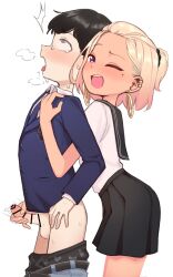  1boy 1girl ;d arched_back bangs_pinned_back bar_censor black_hair blonde_hair blush breasts censored child_on_child clothes_pull cum drooling earrings ejaculation erection femdom from_behind gyaru handjob hetero highres hoop_earrings huffing jewelry loli lolidom nona_(yeun) one_eye_closed open_mouth original pants pants_around_knees pants_pull penis purple_eyes reach-around rolling_eyes school_uniform short_hair shota simple_background small_breasts smile standing sweat tan testicles tongue tongue_out underwear_pull uniform white_background yeun  rating:Explicit score:795 user:Debbieloveslolis