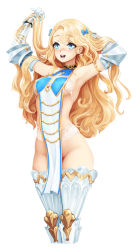  1girl :d adapted_costume armor armpits arms_up azur_lane barbariank bare_shoulders blonde_hair blue_bow blue_eyes blush bow bra breasts commentary covered_erect_nipples cowboy_shot cropped_legs detached_sleeves emile_bertin_(azur_lane) english_commentary eyebrows floating_headgear gauntlets groin hair_bow hair_lift headgear highres lifting_own_clothes long_hair looking_at_viewer medium_breasts naked_tabard no_panties no_pants nose_blush open_mouth pelvic_curtain retrofit_(azur_lane) ribbon sideless_outfit smile solo standing tabard teeth thick_eyebrows thighs tongue underboob underwear upper_teeth_only wavy_hair white_background white_bra  rating:Questionable score:74 user:danbooru