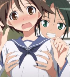 animated animated_gif grabbing_another&#039;s_breast breasts brown_hair francesca_lucchini grabbing green_hair groping miyafuji_yoshika strike_witches world_witches_series rating:Questionable score:44 user:Izataki