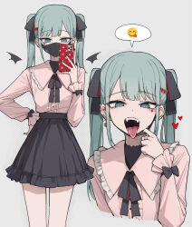  1girl :p aqua_eyes aqua_hair bad_id bad_twitter_id bandaid bandaid_on_neck black_mask black_nails black_skirt blood blood_on_face cellphone channel_(_caststation) detached_wings ear_piercing earrings emoji fangs grey_background hair_ornament hair_ribbon hairclip hand_on_own_hip hatsune_miku heart heart_earrings highres holding holding_phone jewelry jirai_kei long_hair long_sleeves looking_at_viewer mask mask_pull multiple_views nail_polish open_mouth phone piercing pulled_by_self ribbon ring simple_background skirt smartphone spoken_emoji teeth tongue tongue_out tongue_piercing twintails vampire vampire_(vocaloid) vocaloid wings  rating:General score:36 user:danbooru