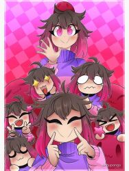  akumu_(glitchtale) bad_tag bete_noire brown_hair closed_eyes clothes glitchtale pink_eyes pink_hair pink_shirt purple_shirt reaction shirt short_hair smile wearing_clothes  rating:General score:1 user:Montegago