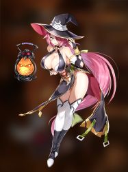  1girl artist_request blue_eyes blurry blurry_background breasts cleavage epic_seven fingernails hat highres large_breasts long_hair nail_polish pink_hair serila_(epic_seven) tagme thighhighs witch_hat  rating:Questionable score:60 user:Xareneus