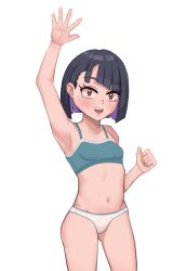  1girl absurdres arm_up armpits asymmetrical_bangs black_hair blue_bra blush bra breasts brydeel clenched_hand collarbone colored_inner_hair cowboy_shot diagonal_bangs do_it_yourself!! female_focus gluteal_fold highres loli looking_at_viewer multicolored_hair navel open_mouth panties polka_dot polka_dot_panties purple_hair red_eyes short_hair simple_background small_breasts smile solo suride_miku teeth thighs underwear upper_teeth_only waving white_background white_panties 