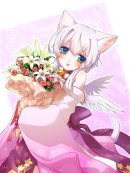  1girl :d animal_ears bare_shoulders blue_eyes blush bouquet cat_ears cat_tail detached_sleeves floral_print flower fuuka_(kazane_chinya) highres holding kazane_chinya lily_(flower) open_mouth original smile solo tail white_hair 