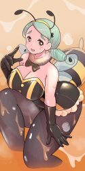  1girl alternate_costume bare_shoulders breasts brown_eyes cleavage creatures_(company) dress elbow_gloves fake_wings fur_collar game_freak gloves green_hair hairband highres insect_wings katy_(pokemon) low_side_ponytail microdress mole mole_on_cheek nintendo pantyhose pokemon pokemon_sv setomo solo strapless strapless_dress wings yellow_hairband 