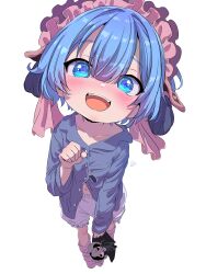  1boy :d absurdres blue_eyes blue_hair blue_pajamas blush center-flap_bangs character_doll child clenched_hand collarbone commentary foreshortening frilled_hairband frilled_shorts frills full_body hairband highres looking_at_viewer looking_up loose_socks made_in_abyss maid_headdress maruruk midriff_peek navel open_mouth ozen pajamas partially_unbuttoned pouch sekaineko_001 shorts smile socks solo trap white_background 