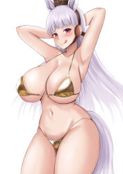  1girl :q animal_ears armpits arms_up bikini blush breasts cowboy_shot gold_bikini gold_ship_(umamusume) hat highres horse_ears horse_girl horse_tail huge_breasts large_breasts looking_at_viewer navel red_eyes simple_background skindentation sleeptopi solo stomach strap_gap swimsuit tail tongue tongue_out umamusume white_background white_hair 