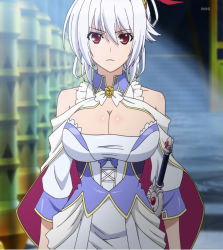 10s 1girl bare_shoulders breasts cleavage cleavage_cutout clothing_cutout dress eleonora_viltaria highres large_breasts madan_no_ou_to_vanadis red_eyes solo sword weapon white_hair  rating:Questionable score:62 user:procella
