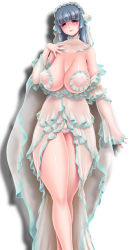  1girl areola_slip bare_shoulders blue_hair breasts chichi_kurage_ss cleft_of_venus curvy dress female_focus highres huge_breasts legs long_hair mature_female nipples open_clothes open_skirt panties pasties puffy_nipples pussy red_eyes sagging_breasts see-through shadow simple_background skirt solo squinting standing thick_thighs thighs uncensored underwear white_background  rating:Explicit score:65 user:Xander