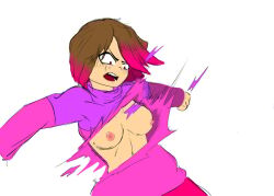  annoyed bete_noire betty_noire breasts brown_hair glitchtale nipples pink_hair pink_shirt purple_shirt shirt short_hair small_breasts 