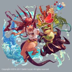  1girl 2016 2017 asymmetrical_arms blue_eyes braid breasts cherry claws dice fangs feet food frog fruit full_body glass grey_background horns lettuce long_hair open_mouth original plate red_hair rice sandals sausage shorts small_breasts smile so-taro squid tail teeth upper_teeth_only waves wet wet_clothes wings 