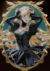  1girl black_dress blonde_hair breasts broken_glass broken_mirror cheonpyong cleavage cowboy_shot crack detached_collar detached_sleeves dress dungeon_meshi fur-trimmed_sleeves fur_trim glass green_eyes hands_on_own_head head_scarf highres long_hair looking_at_viewer marcille_donato marcille_donato_(lord) mirror open_mouth sleeves_past_wrists solo strapless strapless_dress swept_bangs tearing_up tears wide-eyed 