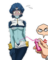  1boy 1girl absurdres anger_vein bad_id bad_pixiv_id bdsm blue_gloves blue_hair blue_pantyhose blue_shirt blue_skin blush boku_no_hero_academia breasts bubble_girl_(boku_no_hero_academia) closed_mouth colored_skin controller cowboy_shot cropped_shirt embarrassed flying_sweatdrops full-face_blush glasses gloves highres holding holding_remote_control legs_together long_sleeves looking_down motion_lines navel no_bra pantyhose parted_bangs raised_eyebrows remote_control remote_control_vibrator sanho_(bin0910) sex_toy shirt short_hair short_shorts short_sleeves shorts simple_background sir_nighteye solo_focus standing sweat tearing_up thick_eyebrows trembling turtleneck two-tone_shorts underboob unzipped v-shaped_eyebrows vibrator vibrator_cord vibrator_under_clothes wavy_mouth white_background yellow_eyes zipper zipper_pull_tab  rating:Explicit score:47 user:danbooru