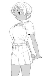  1girl arms_behind_back belt bow bowtie breasts closed_mouth collared_shirt dark-skinned_female dark_skin highres large_breasts monochrome original own_hands_clasped own_hands_together satsuyo shirt shirt_tucked_in short_hair short_sleeves skirt smile solo 