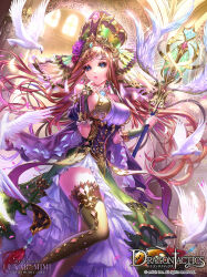 1girl artist_name bird blue_eyes breasts brown_hair character_request curly_hair detached_sleeves dragon_tactics dress earrings english_text feathered_wings floating_hair gold hat highres holding holding_weapon jewelry large_breasts lips long_hair lunarmimi orange_hair priestess serious skirt staff thighhighs veil weapon window wings
