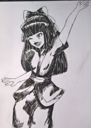 1girl ainu_clothes arm_up black_hair breasts hair_ribbon highres legs long_hair monochrome nakoruru one_eye_closed open_mouth pants ribbon samurai_spirits sketch small_breasts smile snk the_king_of_fighters thighs traditional_media wink