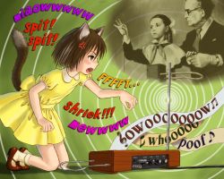  1boy 2girls anger_vein angry animal_ears bad_id bad_pixiv_id brown_hair cat_ears dress english_text fang instrument kneeling leon_theremin lydia_kavina mary_janes moog multiple_girls music musical_note old old_man outstretched_arm playing_instrument shoes short_hair skirt skyape socks theremin yellow_dress yellow_eyes yellow_skirt 