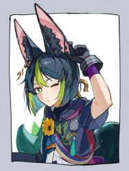  1boy adjusting_hair animal_ear_fluff animal_ears arm_up black_capelet black_gloves border bright_pupils capelet commentary_request genshin_impact gloves green_eyes green_hair grey_background highres hood hooded_capelet looking_at_viewer male_focus multicolored_hair one_eye_closed parted_lips shirt sigm solo streaked_hair tail tighnari_(genshin_impact) upper_body white_background white_pupils white_shirt 