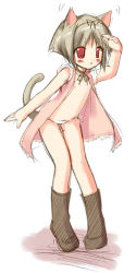 1girl animal_ears blonde_hair blush boots cat_ears cat_tail clothes eyebrows full_body loli panties red_eyes solo tail underwear white_panties rating:Explicit score:10 user:usernam