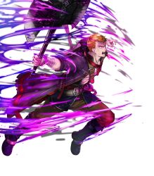  1boy abs attack aura axe bandaged_arm bandages battle_axe belt blonde_hair clenched_teeth dark_aura fire_emblem fire_emblem:_the_blazing_blade fire_emblem_heroes highres holding holding_axe linus_(fire_emblem) lunging muscular muscular_male nintendo non-web_source official_alternate_eye_color official_art open_clothes open_mouth open_shirt pale_skin partially_shaded_face solo sword teeth undead weapon weapon_on_back yellow_eyes 