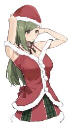  1girl arm_behind_back armpits arms_up bare_shoulders blush bow breasts cleavage closed_mouth collarbone detached_collar dress_bow fur-trimmed_headwear fur-trimmed_shirt fur-trimmed_skirt fur_trim green_eyes green_hair hat highres idolmaster idolmaster_shiny_colors large_breasts long_hair looking_at_another multicolored_bowtie nanakusa_hazuki red_bow red_shirt santa_costume santa_hat shirt simple_background skirt smile solo swept_bangs two-tone_skirt upper_body white_background yamada_no_orochi 