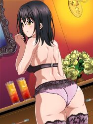  1girl ass black_bra black_hair bra breasts brown_eyes closed_mouth commentary_request cup drinking_glass facing_to_the_side flower from_behind hair_between_eyes hand_up highres himeragi_yukina indoors kororofu lace lace-trimmed_legwear lace_trim lingerie long_hair medium_breasts paid_reward_available panties pink_panties pink_thighhighs shoulder_blades smile solo strike_the_blood thighhighs underwear wedgie 