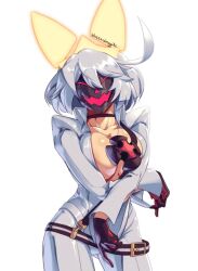  1girl ahoge animal_ears belt blizzardingpike bodysuit breast_hold breasts cat_ears choker cleavage collarbone cosplay cowboy_shot cross cross_necklace crossed_arms elphelt_valentine fake_animal_ears front_slit gluteal_fold grin guilty_gear guilty_gear_xrd halo jack-o&#039;_valentine jack-o&#039;_valentine_(cosplay) jewelry large_breasts long_sleeves looking_at_viewer mask masked necklace short_hair simple_background smile solo twitter_username two-tone_gloves white_background white_bodysuit white_hair  rating:Sensitive score:29 user:danbooru