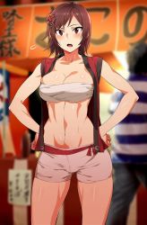  1girl :d blush breasts brown_hair cameltoe cleavage cowboy_shot hair_ornament hands_on_own_hips highres hiiragi_yuuichi kazama_asuka large_breasts looking_at_viewer midriff navel open_mouth red_eyes sarashi short_hair short_shorts shorts skindentation smile solo standing sweatdrop taut_clothes taut_shorts tekken vest  rating:Sensitive score:50 user:danbooru