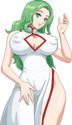  1girl aliasing bare_shoulders breasts china_dress chinese_clothes cleavage cleavage_cutout clothing_cutout cowboy_shot dress covered_erect_nipples green_eyes green_hair hand_on_thigh huge_breasts long_hair lowres nchallenge nchans no_bra parted_lips raychan side_slit solo standing transparent_background warner 