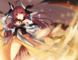10s 1girl ahoge blush breasts chawa_(yossui009) cleavage date_a_live fire groin highres itsuka_kotori long_hair long_sleeves off_shoulder red_eyes red_hair shawl small_breasts smile solo twintails very_long_hair weapon rating:Sensitive score:15 user:danbooru