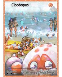  1boy 6+girls absurdres afloat anger_vein arm_tattoo arms_up artist_name autobottesla barefoot beach bikini brown_hair cephalopod_eyes character_name clobbopus commentary_request creatures_(company) english_text eyelashes food game_freak gen_8_pokemon highres holding holding_food holding_popsicle long_hair lying multiple_girls nintendo octopus on_stomach open_mouth poke_ball pokemon pokemon_(creature) popsicle round_eyewear running sunglasses swimsuit tan tattoo trading_card water 