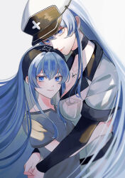  2girls aged_down akame_ga_kill! black_hairband blue_eyes blue_hair breasts cleavage closed_mouth commentary_request dual_persona esdeath grey_shirt hair_between_eyes hairband hat highres hug large_breasts layered_sleeves long_hair long_sleeves looking_at_viewer multiple_girls shirt short_over_long_sleeves short_sleeves simple_background smile toukaairab upper_body white_background white_hat 