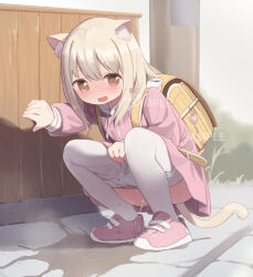  1girl animal_ear_fluff animal_ears arm_support backpack bag blonde_hair blush borrowed_character bow brown_eyes cat_ears cat_girl cat_tail cloneko_(zelmeledf2) commentary_request commission crime_prevention_buzzer drawstring dress female_focus full_body hair_between_eyes hair_bow highres hood hood_down hooded_dress loli long_sleeves medium_hair open_mouth original outdoors pantyhose parfait_(hawawa) pee pee_stain peeing pink_bow pink_dress pink_footwear puffy_long_sleeves puffy_sleeves randoseru sample_watermark shoes skeb_commission sneakers solo squatting tail variant_set watermark white_pantyhose yellow_bag  rating:Questionable score:91 user:danbooru