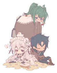  10s 1boy 2girls ahoge akari_acura bandaged_hand basket belt bird black_legwear blue_eyes blue_hair blush blush_stickers boots bug butterfly butterfly_hair_ornament chaika_trabant chick coffin dress drooling eyebrows frilled_dress frills green_hair hair_intakes hair_ornament hairband hitsugi_no_chaika insect knee_boots kotamaru_(pajama_soft) lolita_hairband long_hair long_sleeves looking_at_another multiple_girls open_mouth ponytail puffy_long_sleeves puffy_sleeves purple_eyes rabbit rubbing_eyes short_hair silver_hair simple_background sleeping sleeping_upright tooru_acura white_background 