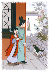  2boys 2girls absurdres animal architecture bamboo black_hair cat chinese_clothes covering_another&#039;s_mouth duijin_ruqun east_asian_architecture flower futou hanfu hanshi_reina hat highres long_sleeves multiple_boys multiple_girls original outdoors rockery yuanlingshan 