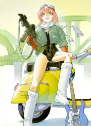  1girl absurdres ar-15 black_leotard boots breasts cleavage commentary cropped_jacket earrings electric_guitar flcl gloves goggles goggles_on_head green_jacket guitar gun haruhara_haruko highres holding holding_gun holding_weapon instrument jacket jewelry knee_boots leotard long_hair looking_at_viewer machine_gun motor_vehicle motorcycle on_motorcycle open_mouth outdoors pink_hair red_gloves rifle scarf solo v-shaped_eyebrows vinne weapon white_footwear white_scarf yellow_eyes 