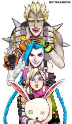  1boy 2girls ammunition arm_tattoo asymmetrical_gloves bad_id bad_twitter_id bags_under_eyes bandaid bandaid_on_face bandaid_on_nose bandolier bare_shoulders bikini bikini_top_only black_gloves black_nails blonde_hair blue_eyes blue_hair borderlands_(series) borderlands_2 bracer braid bullet cartridge crossover detached_sleeves elbow_gloves explosive fingerless_gloves fingernails gloves godot08 green_gloves grenade grin hair_ornament hair_ribbon jewelry jinx_(league_of_legends) junkrat_(overwatch) league_of_legends long_hair makeup mascara mask mechanical_arms multiple_crossover multiple_girls nail_polish necklace open_mouth overwatch overwatch_1 pendant pink_eyes purple_lips ribbon short_hair sidelocks simple_background single_mechanical_arm skull_and_crossbones smile spikes stuffed_animal stuffed_rabbit stuffed_toy swimsuit tattoo tiny_tina tire topless_male trait_connection twin_braids twitter_username uneven_gloves upper_body very_long_hair white_background whorled_clouds  rating:Sensitive score:29 user:danbooru