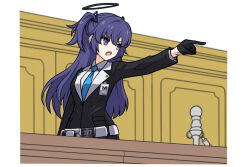  1girl ace_attorney black_gloves black_halo black_jacket blazer blue_archive blue_eyes blue_hair blue_necktie courtroom formal generic_33 gloves halo id_card jacket long_hair necktie objection outstretched_arm parody pillarboxed pointing solo suit two_side_up yuuka_(blue_archive) 