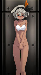 1girl bare_legs bea_(pokemon) black_bow black_hairband blue_eyes blush bottomless bow bow_hairband bra breasts cleavage closed_mouth collarbone covering_crotch covering_privates creatures_(company) crying crying_with_eyes_open dark-skinned_female dark_skin frown game_freak groin hair_between_eyes hair_bow hairband highres looking_at_viewer medium_breasts medium_hair nintendo pokemon pokemon_swsh silver_hair solo standing sweatdrop tears tsukishiro_saika underwear underwear_only white_bra rating:Questionable score:39 user:danbooru