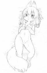 artist_request blush eyebrows full_body furry greyscale loli lying monochrome navel nipples on_back pussy solo source_request tail rating:Explicit score:8 user:usernam