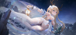  1girl antlers arm_garter armpits babydoll bare_shoulders black_panties blonde_hair blue_eyes blush breasts character_request christmas_tree deer deer_antlers dutch_angle flower full_body giant giantess glowing hair_flower hair_ornament haze/reverb highres holding holding_lantern horns lace lace-trimmed_panties lace-trimmed_thighhighs lace_trim lantern long_hair looking_at_viewer lying medium_breasts mountain navel night night_sky no_shoes official_art on_side outdoors panties pointy_ears reindeer sideboob sky snow solo star_(sky) starry_sky stomach string_panties thighhighs two_side_up underwear white_babydoll white_flower white_thighhighs wrist_cuffs 